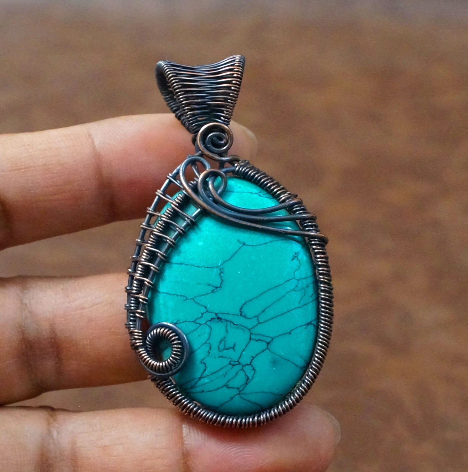 Green Turquoise Copper Wire Wrapped Pendant Handmade Gift Jewelry (PD-71
