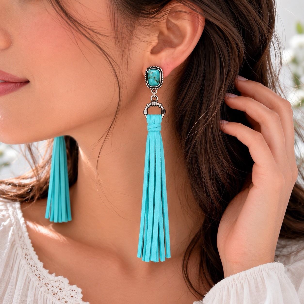 Western Turquoise Tassel Earrings for Women, Long Suede Fringe Earrings