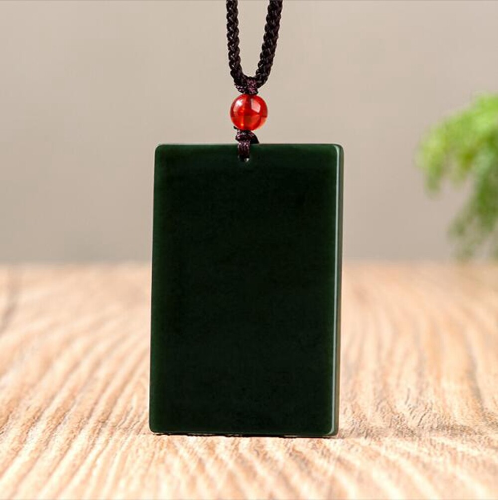 Certified 45mm Natural Dark Green HeTian Nephrite Jade 无事牌 Pendant Necklace