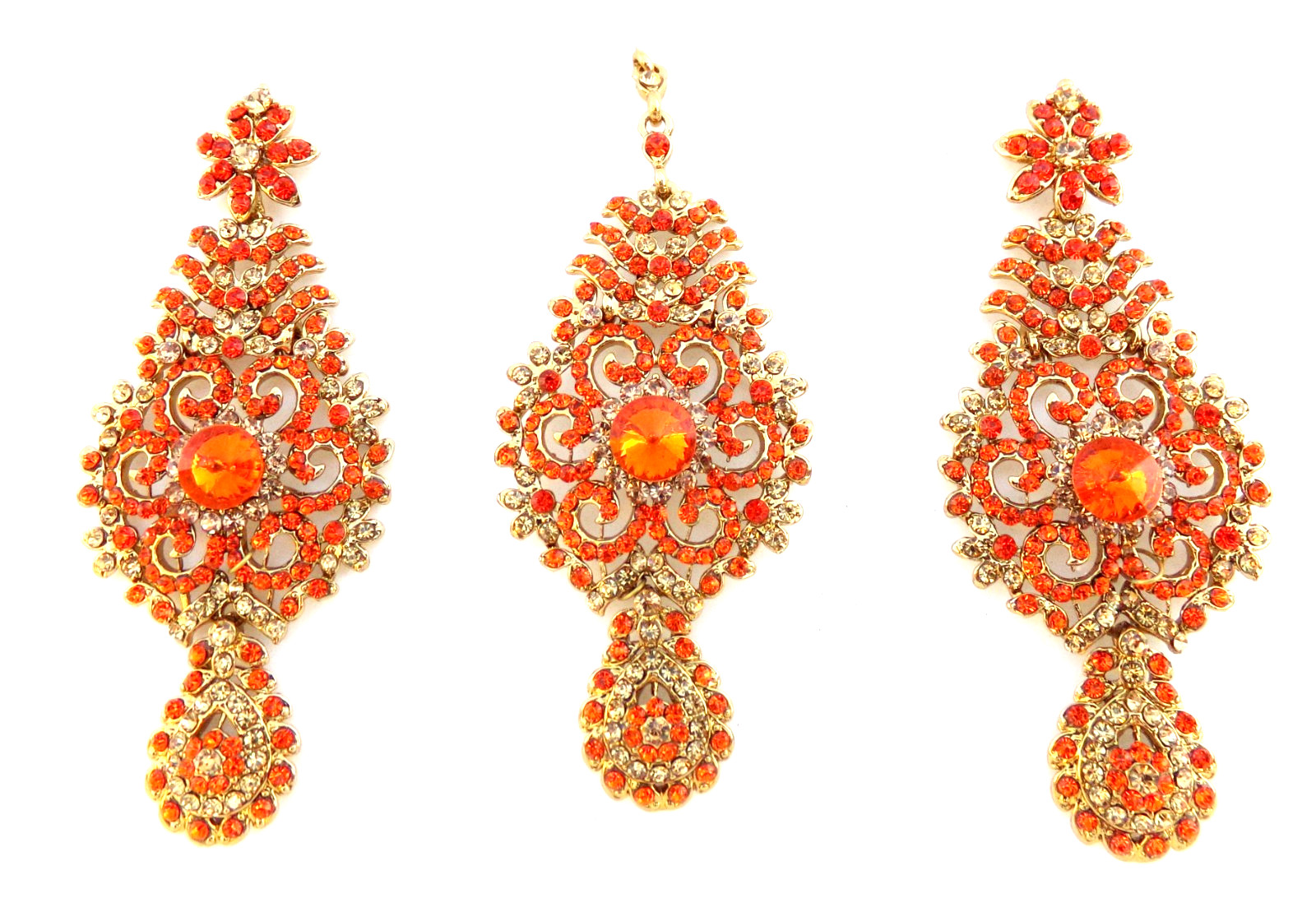 Bollywood Wedding Jewelry Ethnic Gold Tone Indian Kundan Long Earrings Tikka Set