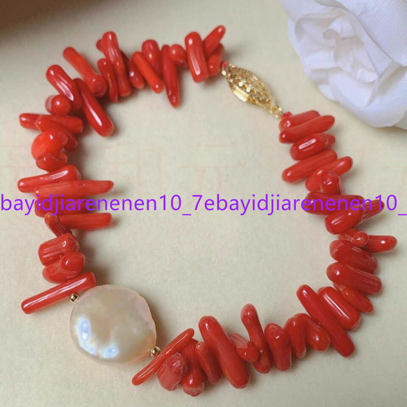 Natural 11-12mm White Coin Pearl & Red Coral Irregular Beads Bracelet 7.5 in