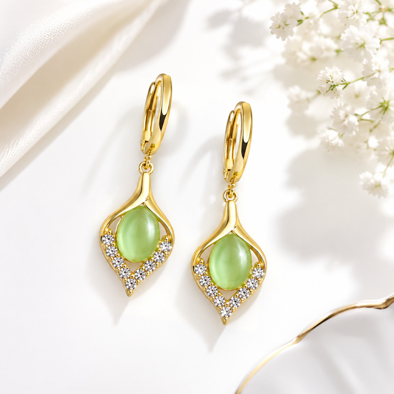 Womens Gold Hoop Earrings Green Crystal DROP Dangle Elegant Fashion Jewelry