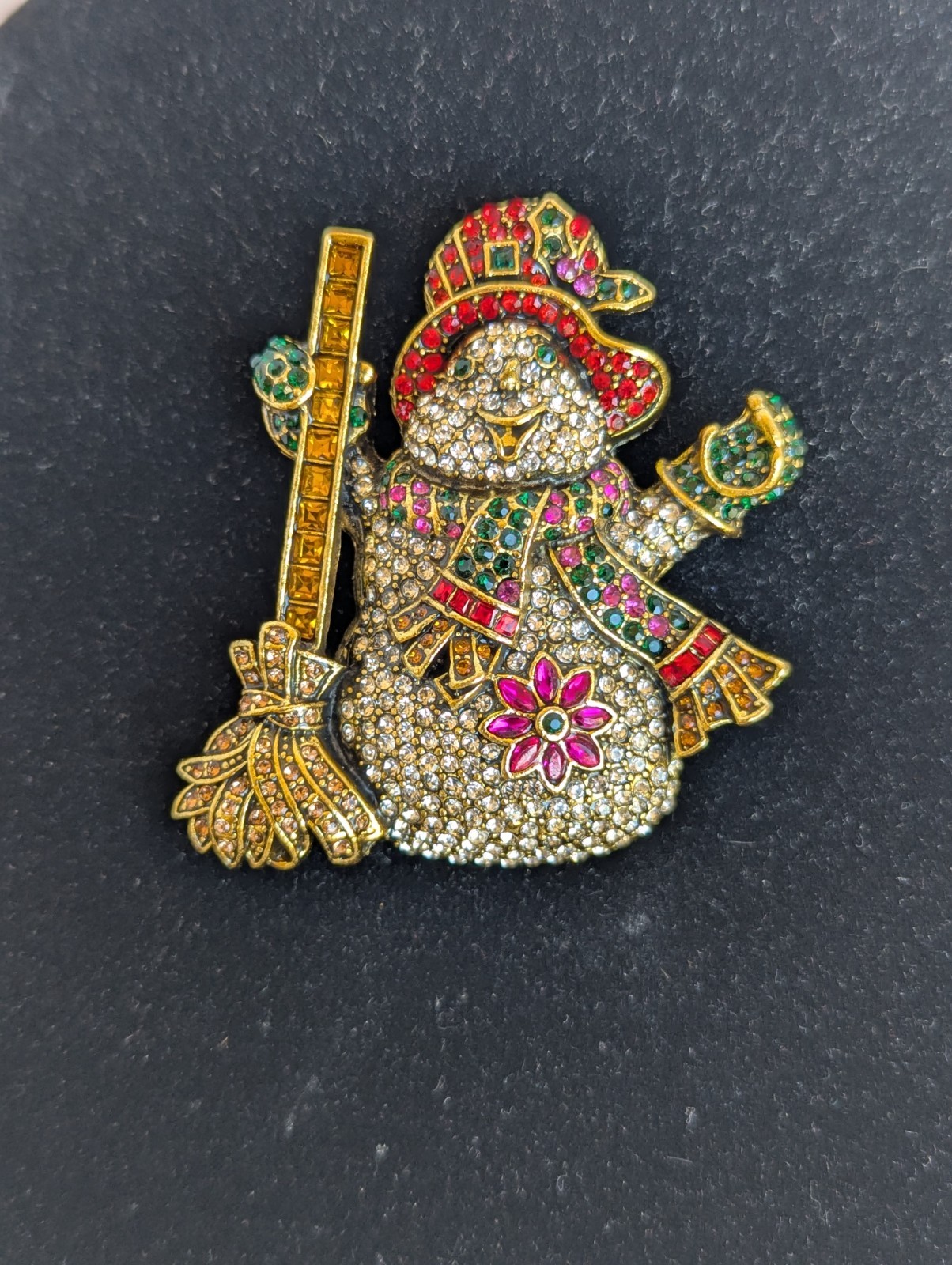 Multicolor Rhinestone Crystal Snowman with Broom 2 1/2″ x 2 1/4″ Brooch Pin