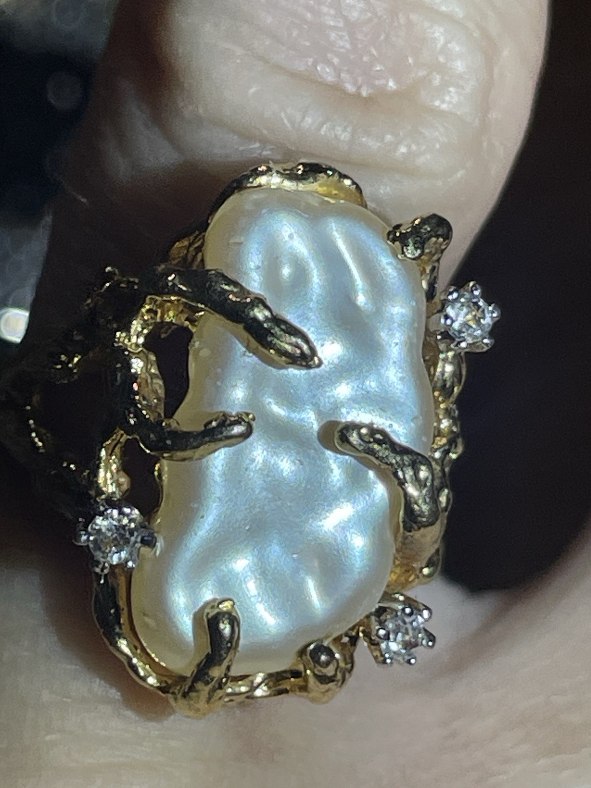 18k GE CZ Cocktail Ring Size 6 Baroque White Pearl w/ Crystal Accents
