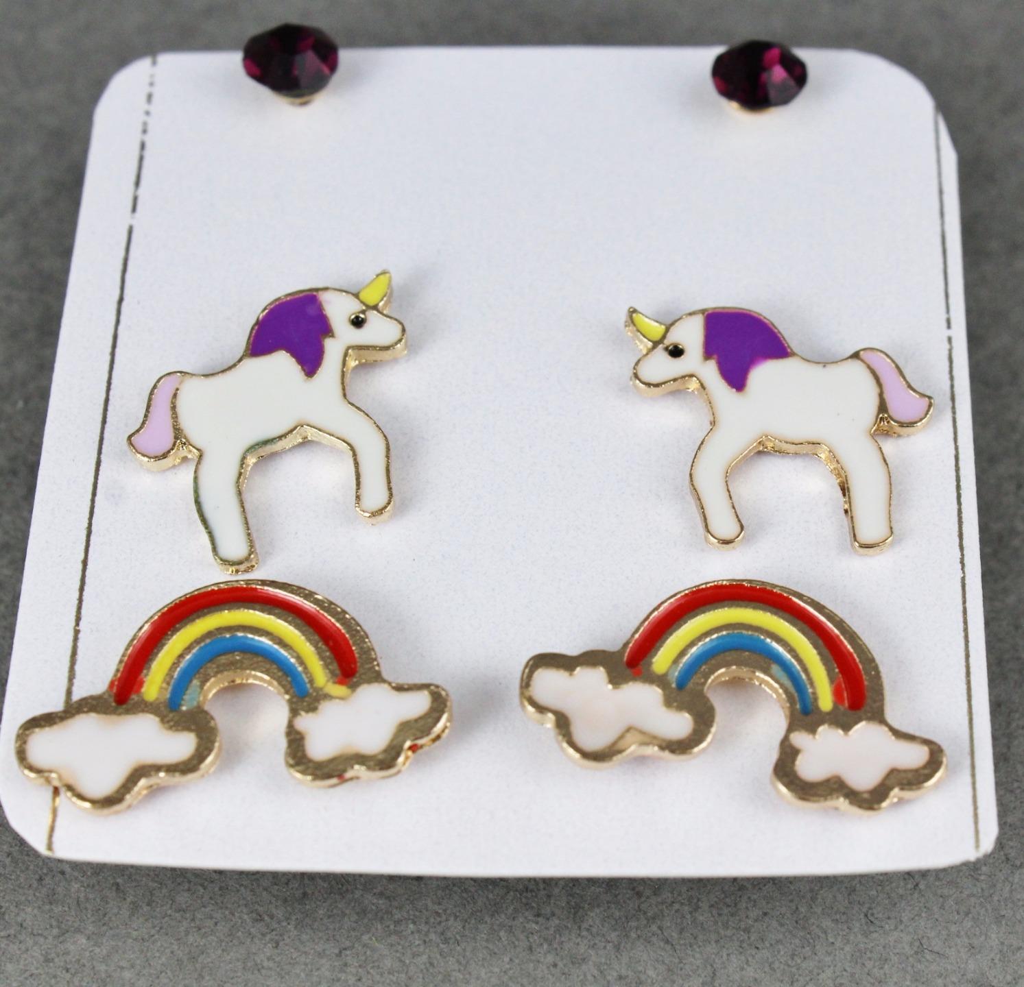 unicorn rainbow 3 pair earrings crystal bead stud post set pack purple