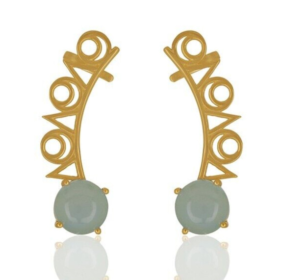 Climber Gold Color Earring Aqua Chalcedony Handmade Jewelry For Special Occasion
