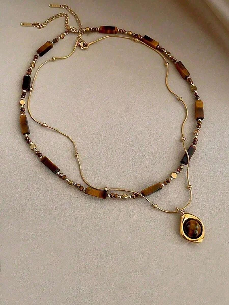 1pc/Set Vintage Elegant Multi-Layer Tiger Eye Stone Pendant Necklace