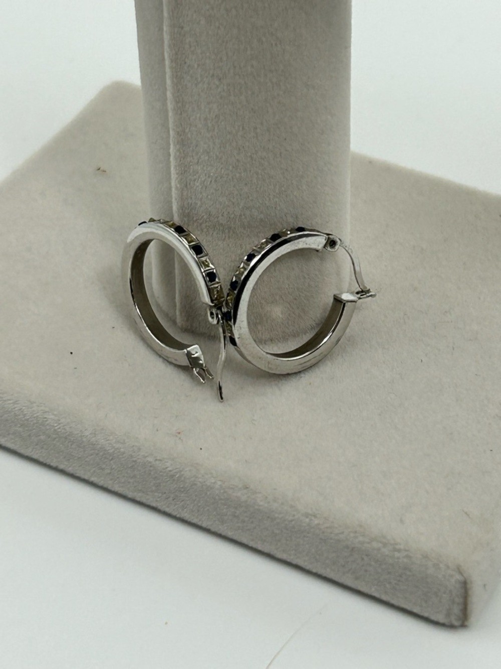 Sterling Silver Crystal Hoop Earrings Blue & Clear Crystals 1″ Stamped 925 SLC