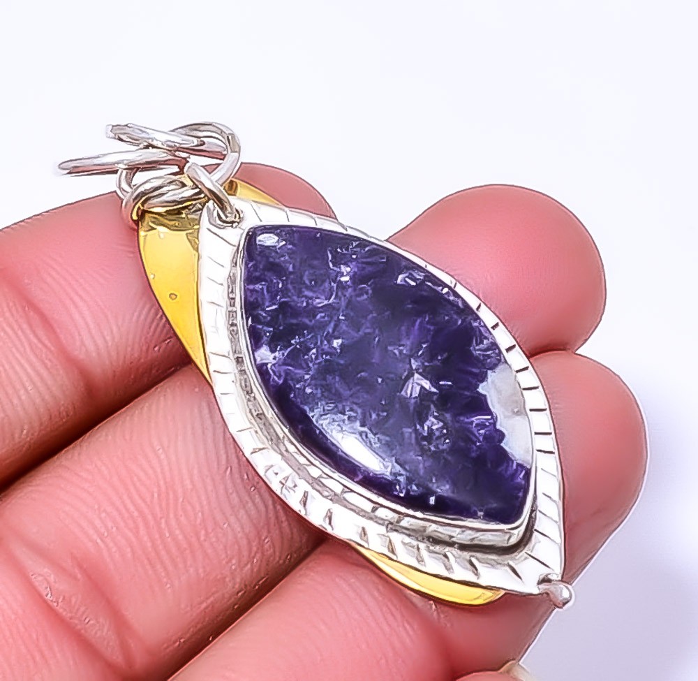 Purple Lepidolite – San Diego 925 Sterling Silver Two Tone Pendant 2.34″ A366