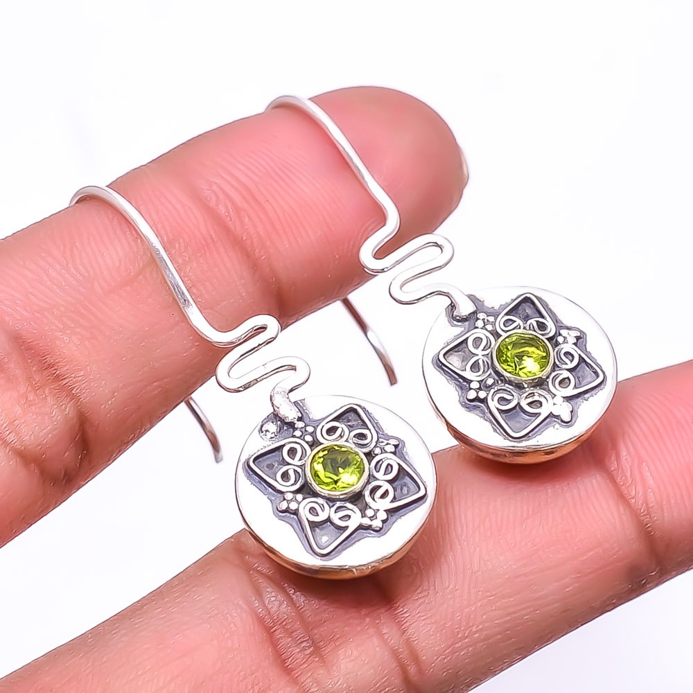 Peridot Gemstone 925 Sterling Silver Handmade Two Tone Earring 1.56″ E83