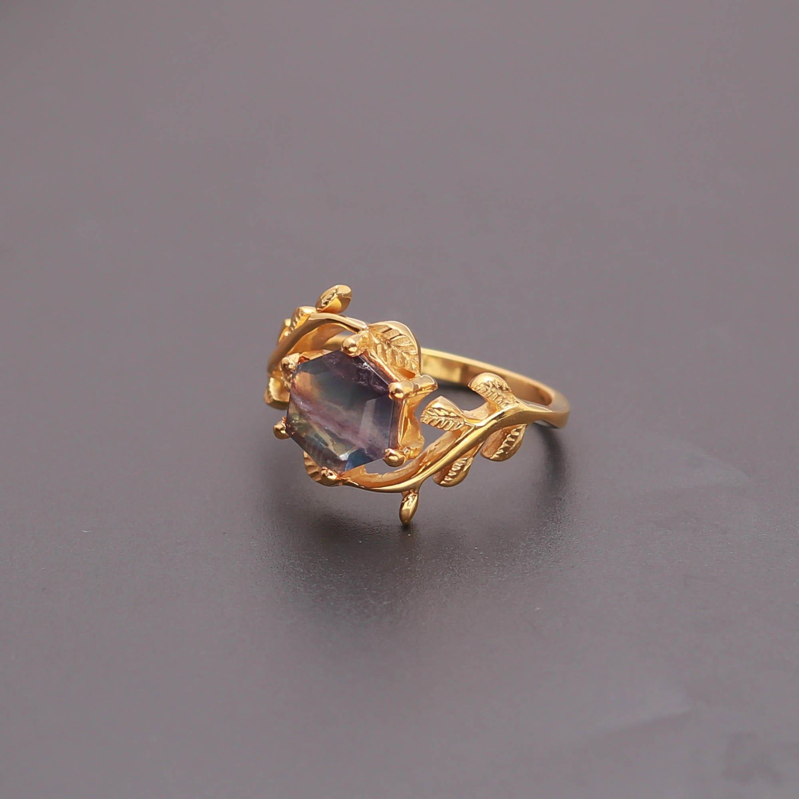 Natural Rainbow Fluorite Hexagon Leaf Ring 925 Sterling Silver Gold Fill Jewelry