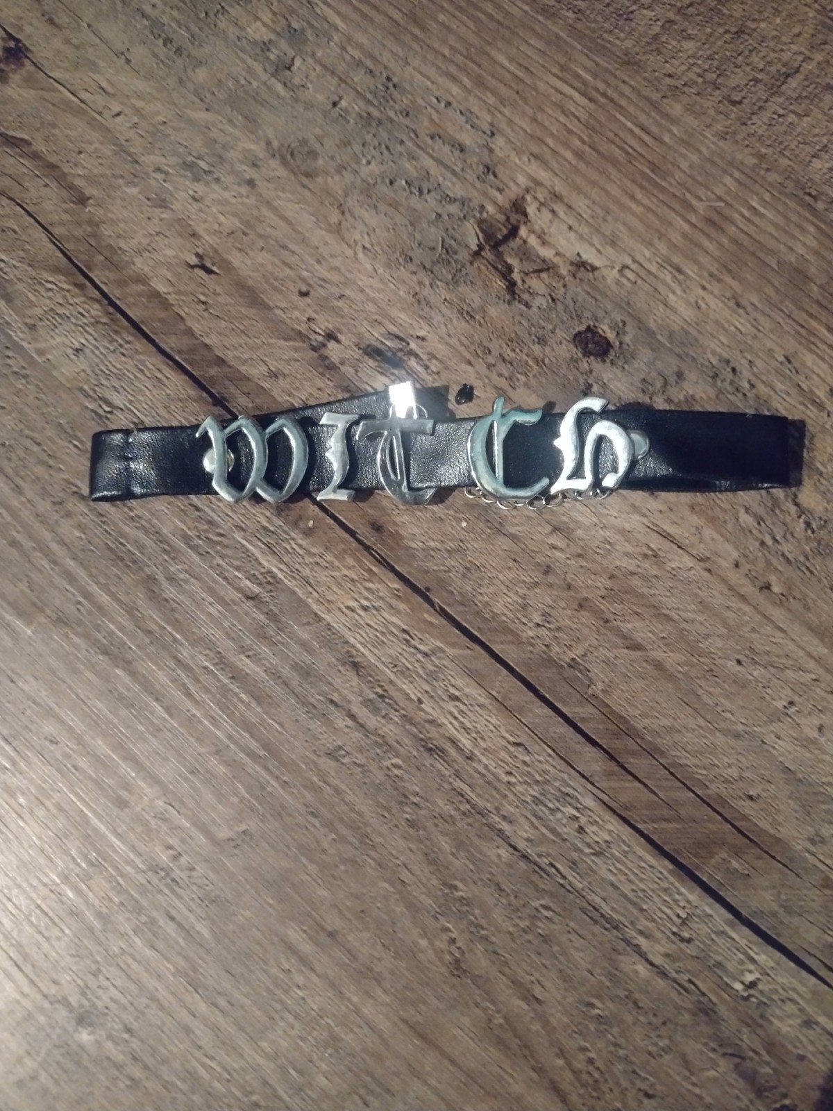 Black Faux Leather Choker With “Witch” In Silver Lettering