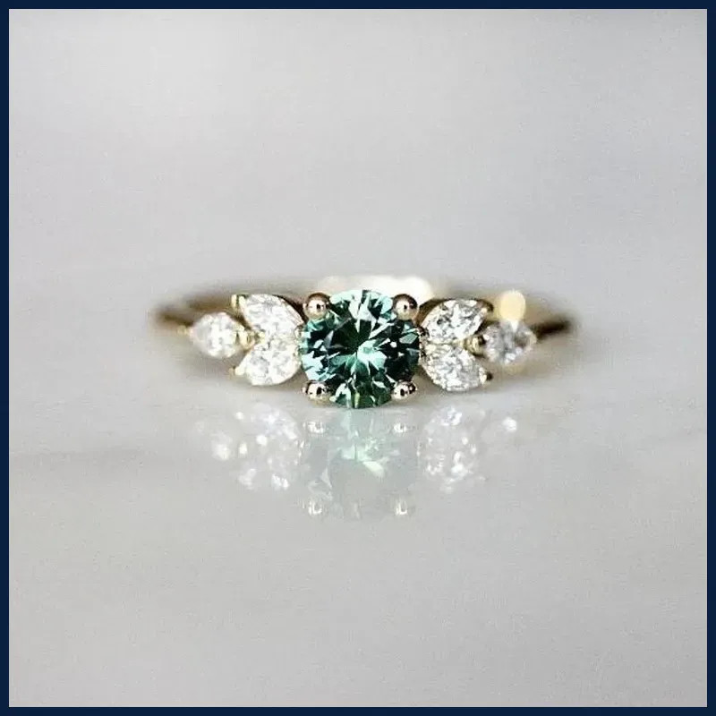 Classic Gold Color Ring for Women Gorgeous Metal Green Inlaid Stones Flower
