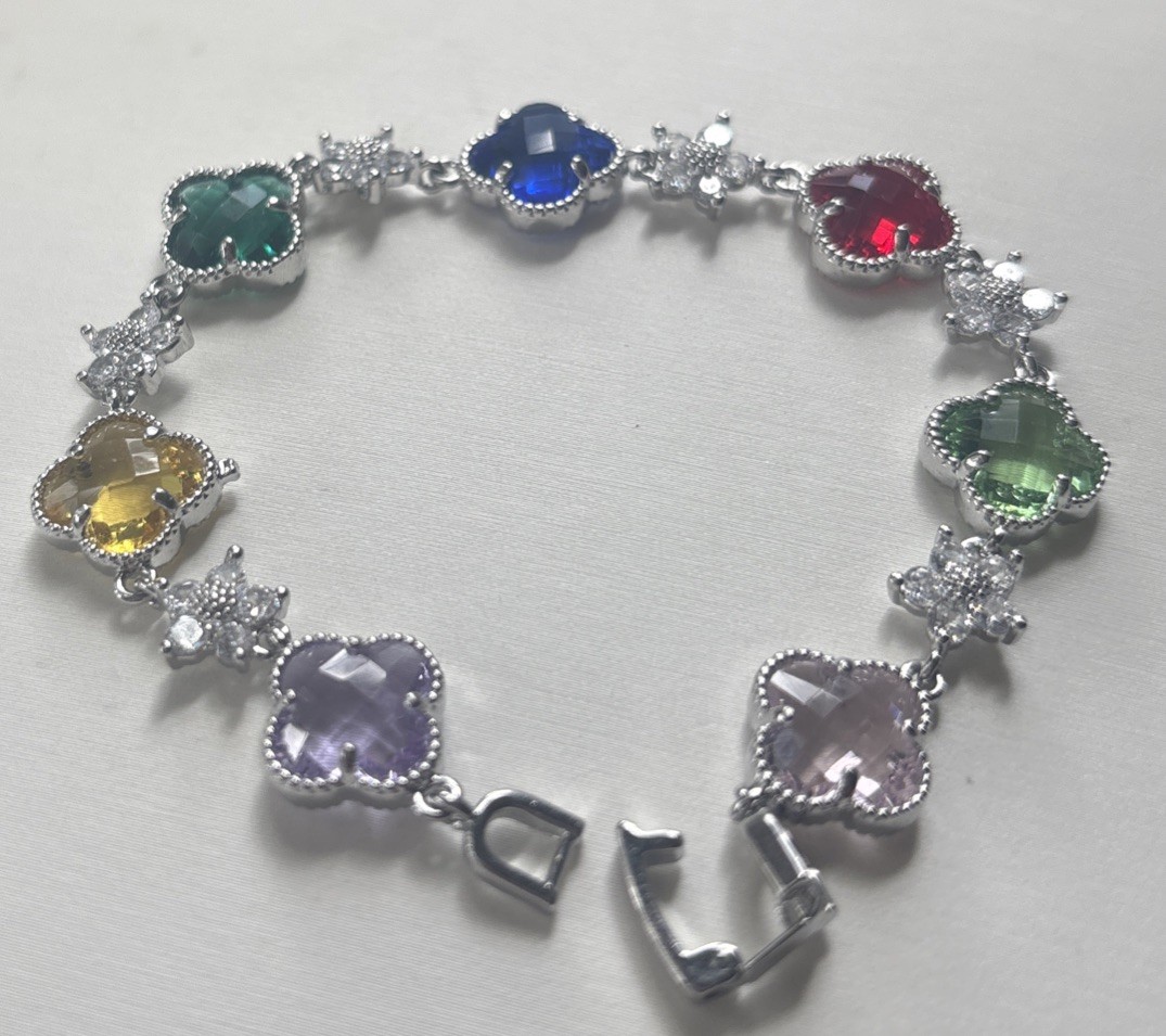 Multi Colored Crystal Gems Bracelet SZ 6.5 Green, Red, Yellow, Purple, Pink
