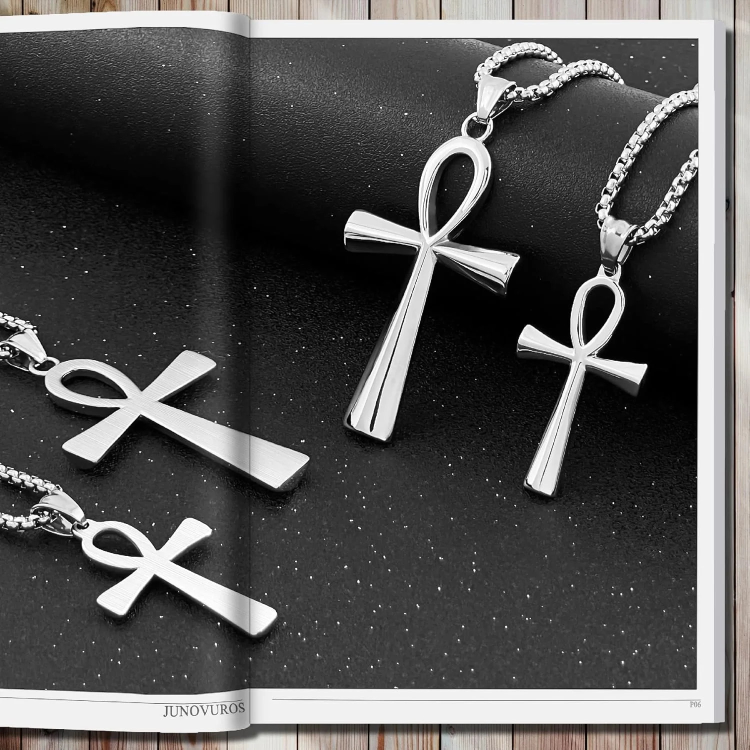 JUNOVUROS 18 to 28 Inches Rolo Chain Ancient Ankh Cross Pendant Necklace for Men