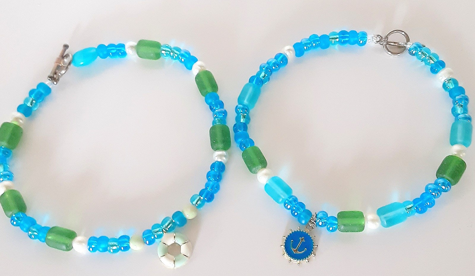 Handmade Sister Friends Sea Glass Nautical Charm Beaded Ankle Bracelet Set (Two)