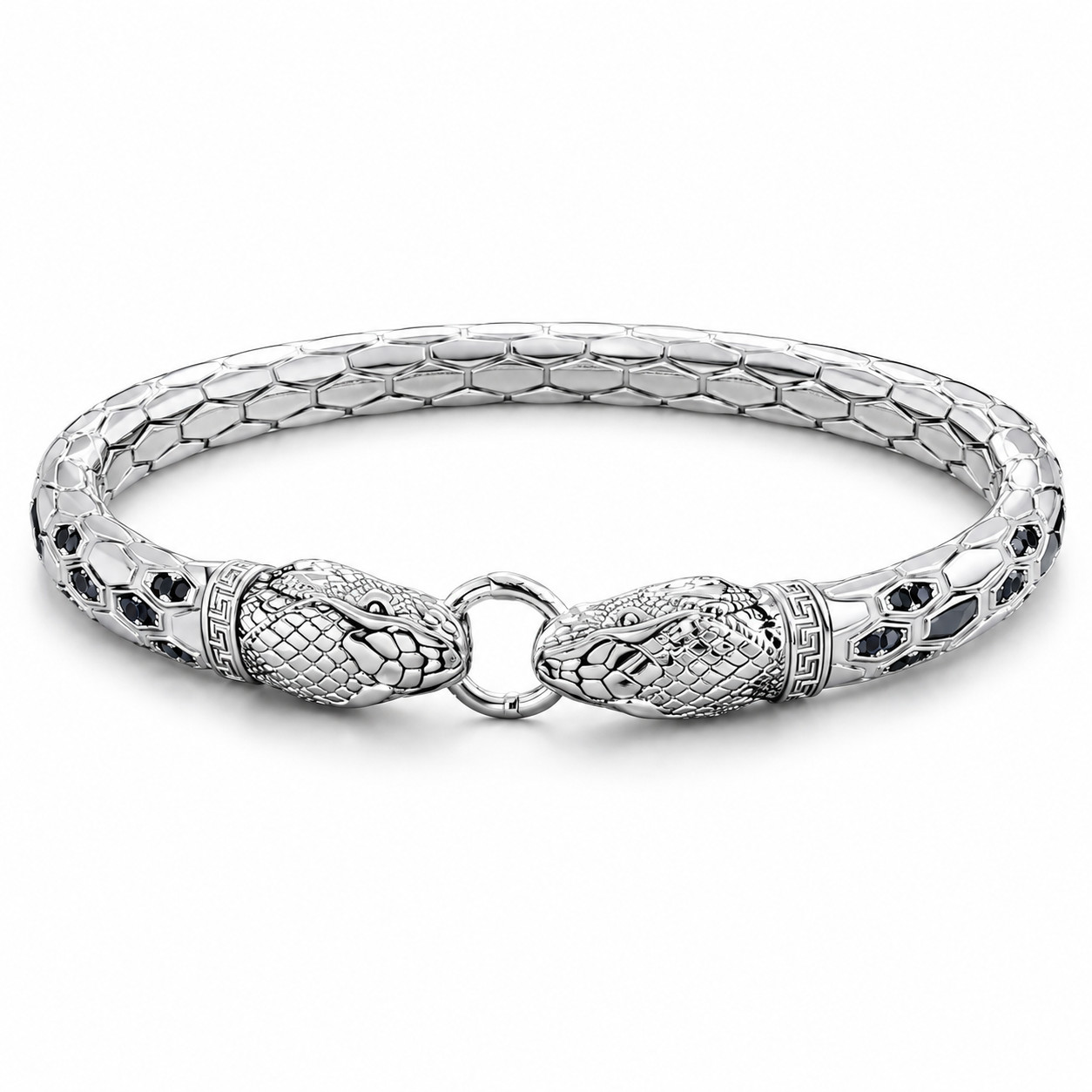 Snake Head Copper Bracelet for Men, Plated w Silver Inlaid with Black CZ Antique
