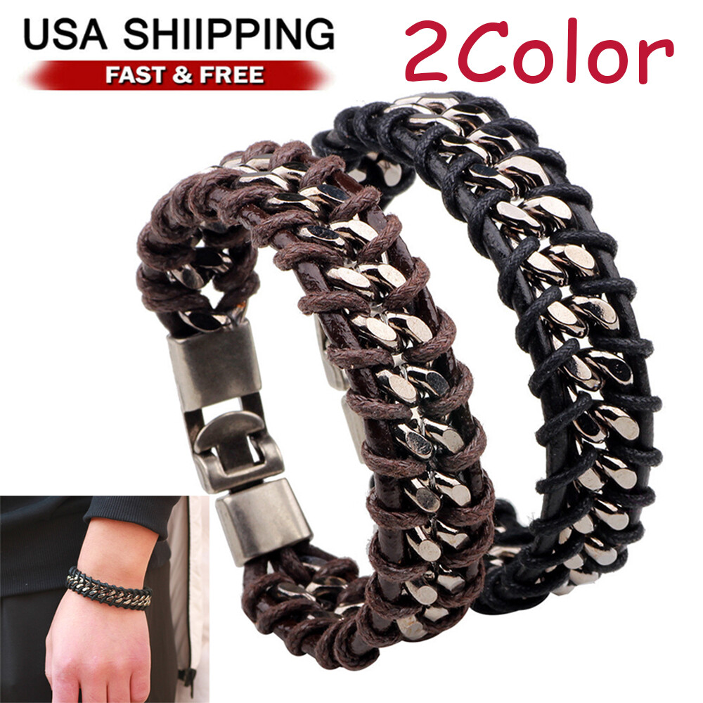 Braided Leather Silver Stainless Steel Cuban Chain Men’s Bracelet Bangle