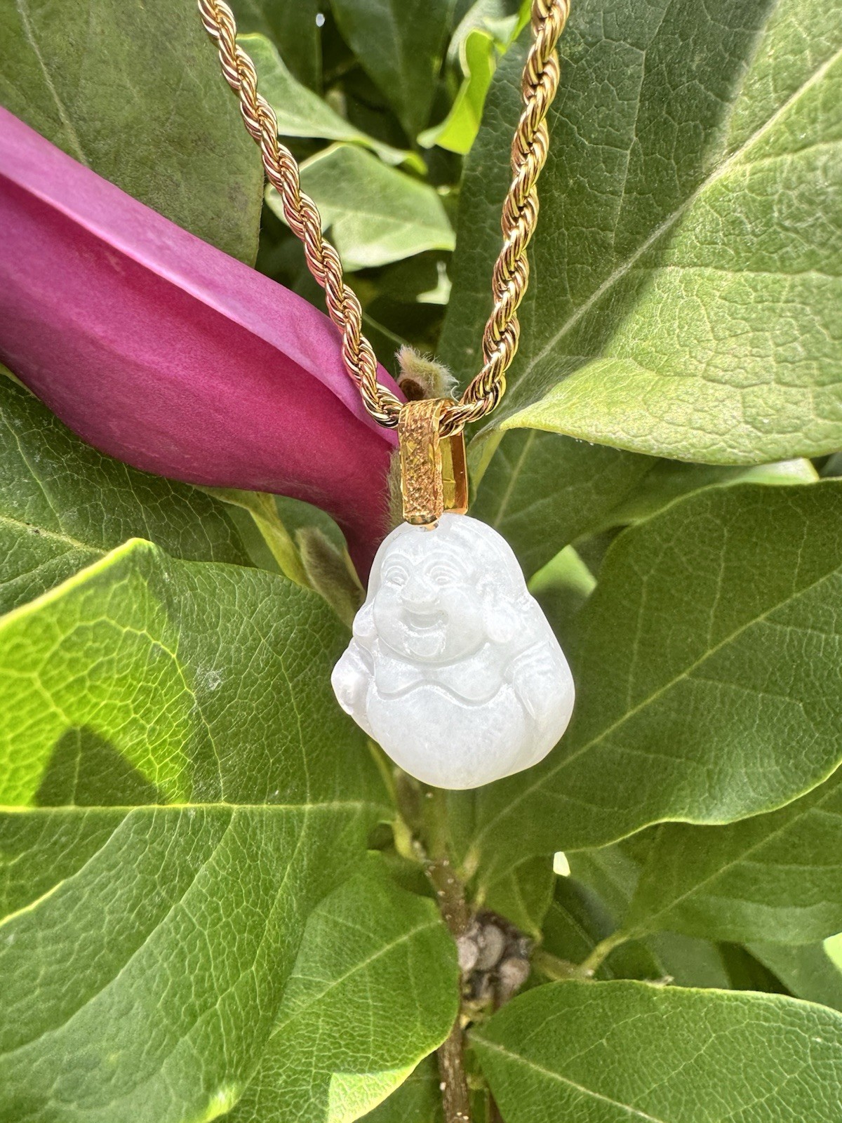 Jade Buddha Charm Pendant Necklace 10kt Yellow Gold bail. gold plated rope chain