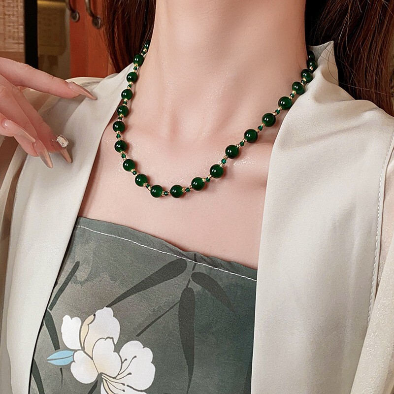 Women Necklace Green Crystal Bead Pendant Necklace Fashion Chain Jewellery