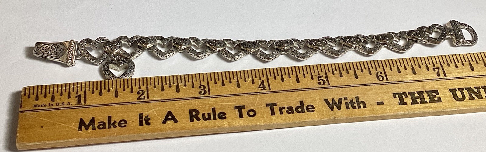 7 3/4” FANCY HEARTS BRACELET WITH DANGLE HEART FOLD OVER MAGNETIC CLASP