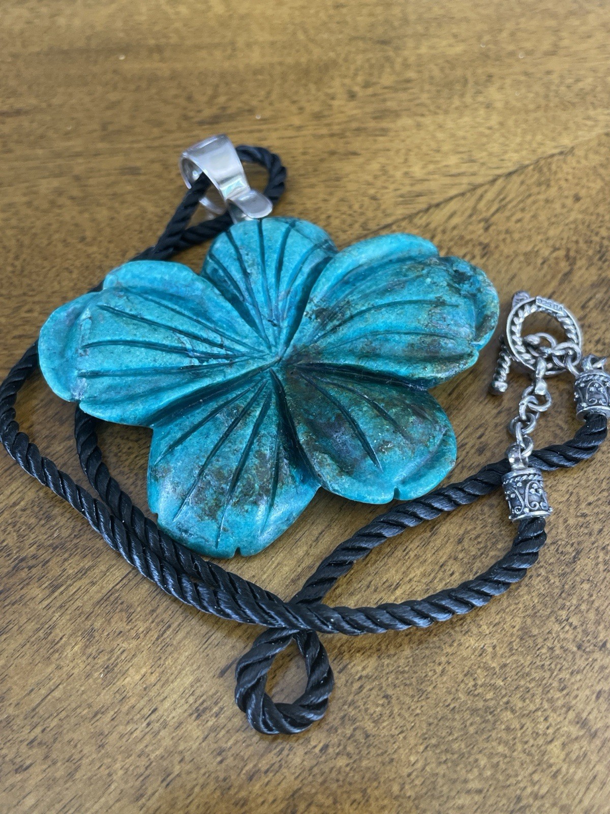 Large Carved Turquoise Look Flower Pendant. 925 Clasp On Rope