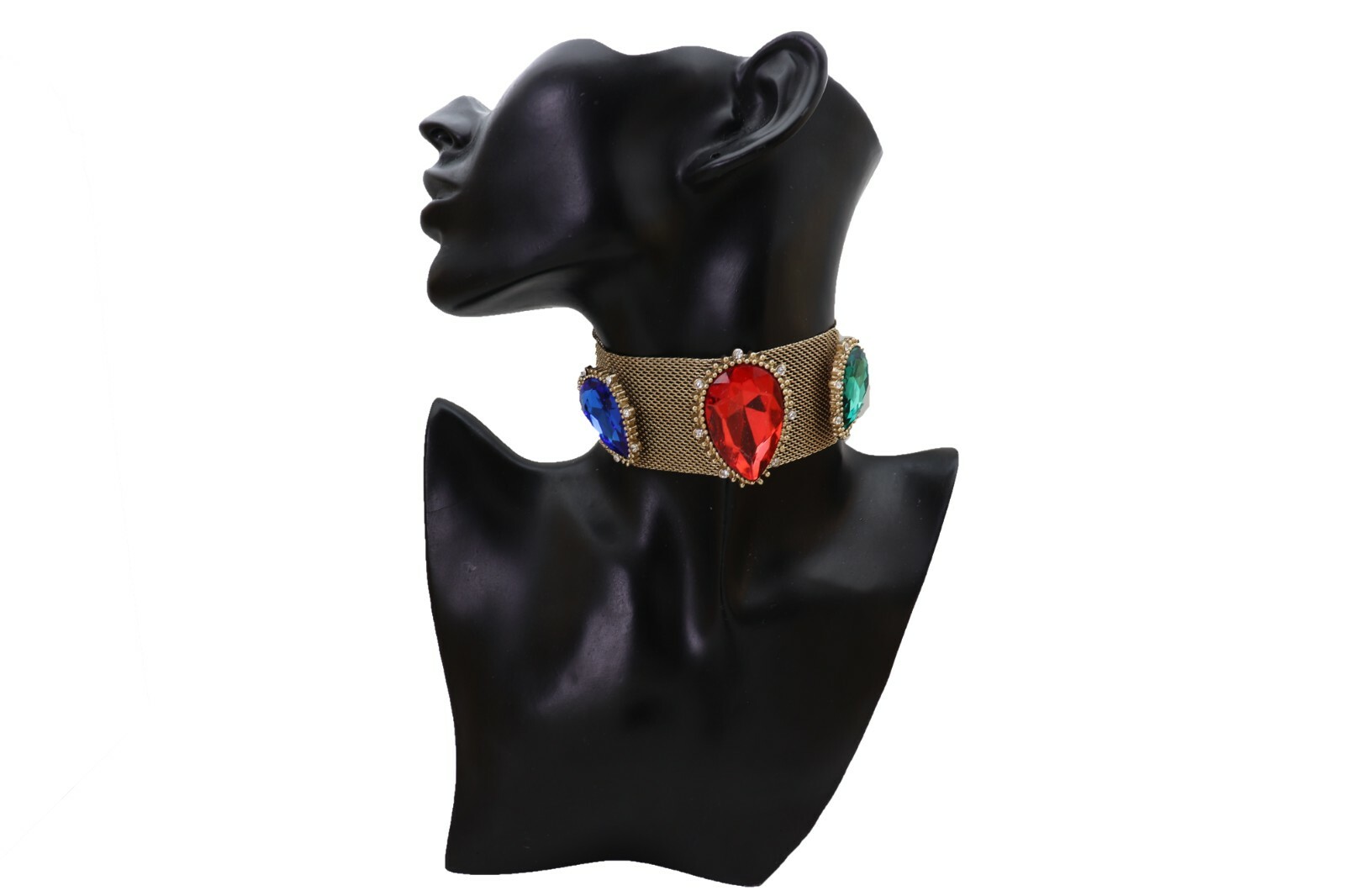 NEW Women Jewelry Gold Mesh Metal Choker Band Necklace Red Blue Green Crystals
