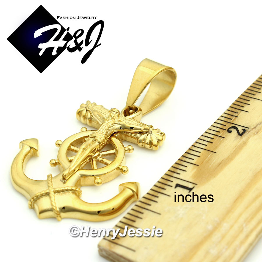 18-40″Stainless Steel 8mm Gold Plated Interlock Chain Anchor Cross Pendant*P58