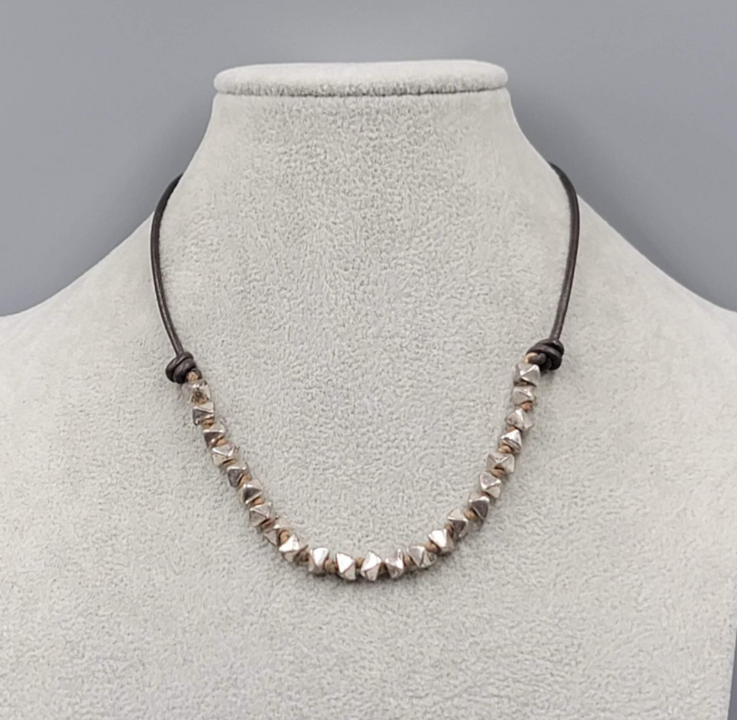 Fossil Silver tone Metal Bead Necklace Brown Leather Adj 16″-17″-18″