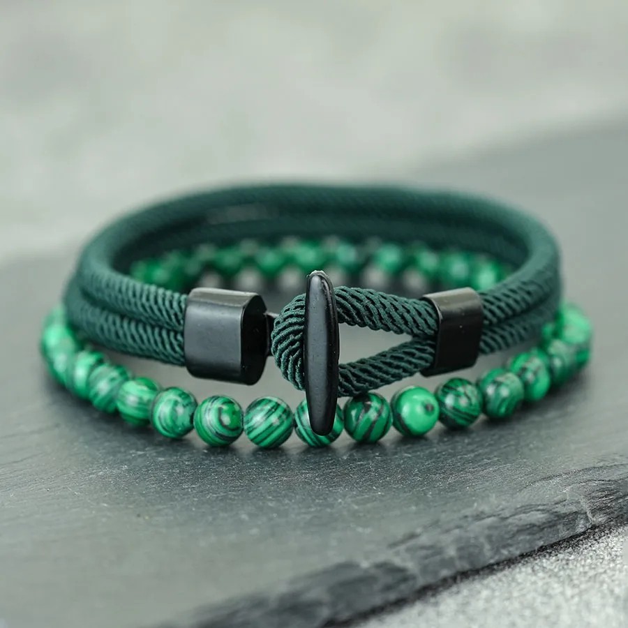 2PCS Men’s Beaded Rope Bracelet Set Tiger Eye & Malachite Stone Handmade Jewelry