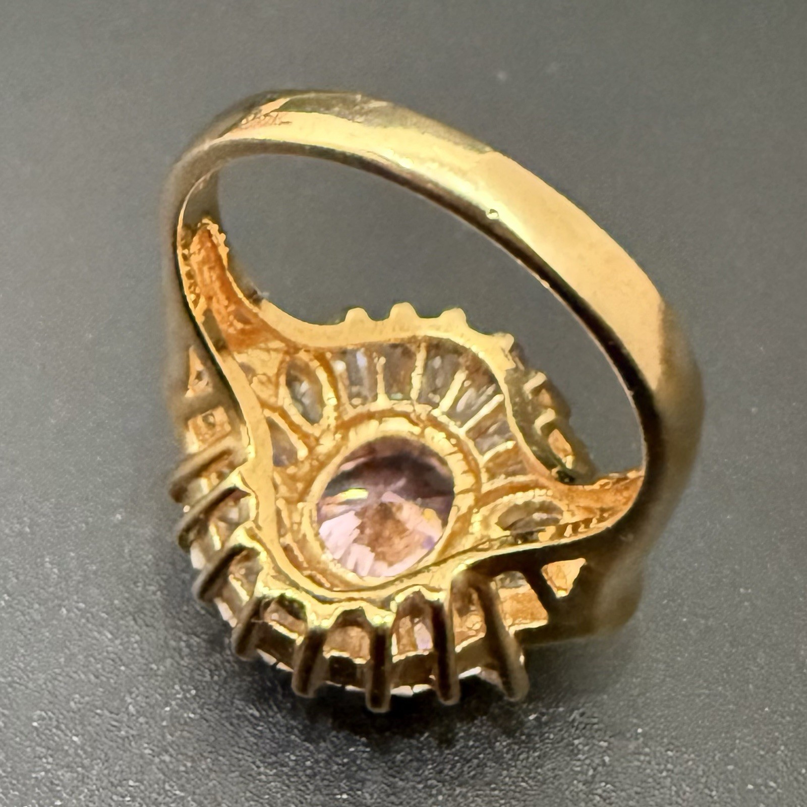 Vintage 925 Gold Over Sterling Pink Oval CZ Flower Cocktail Ring Size 8.5 7g.