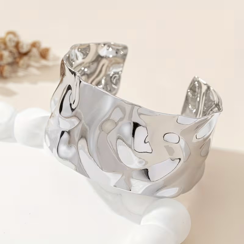 Silver Wide Hammered Cuff Bracelet Statement Bangle Open Wrap Minimalist Boho