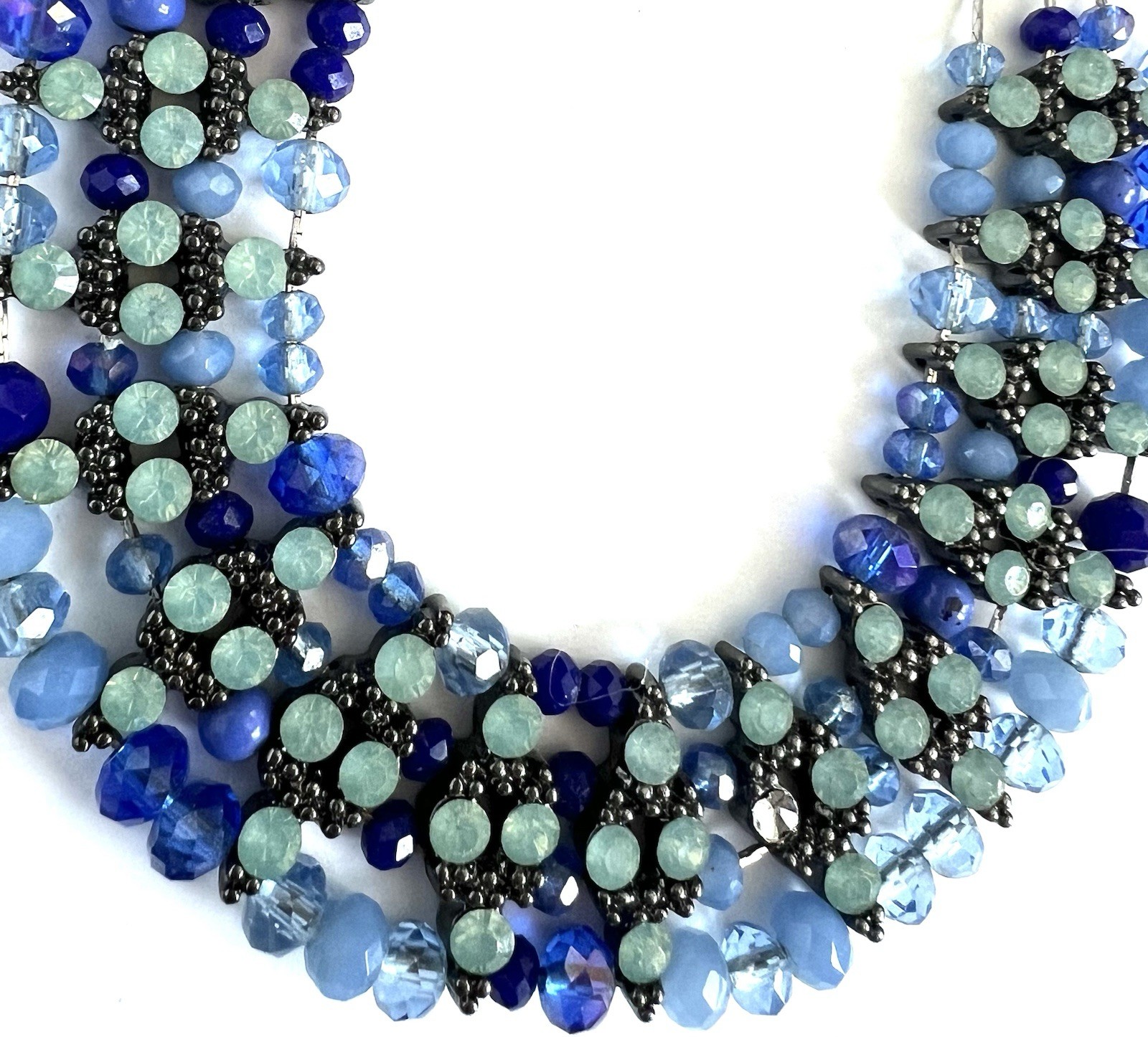Blue Multi Strand Beaded Statement Necklace Bib Collar Faceted Glass Silver Tone