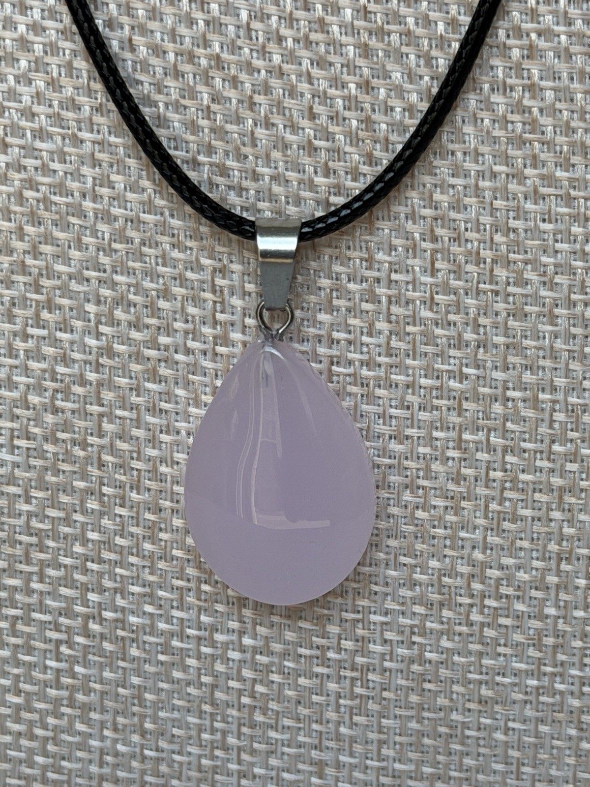 Pink Chalcedony Teardrop Pendant Necklace 19in Black Cord Heart Chakra Crystal