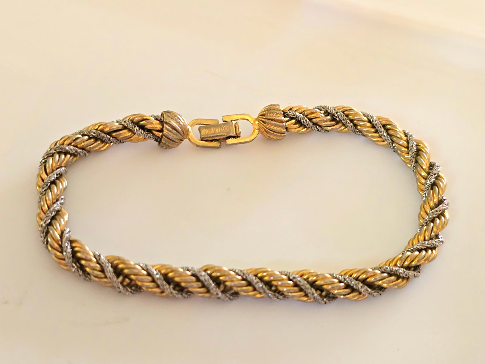 Christian Dior Gold & Silver Tone Signed Rope Chain Bracelet Lobster Clasp 7 in