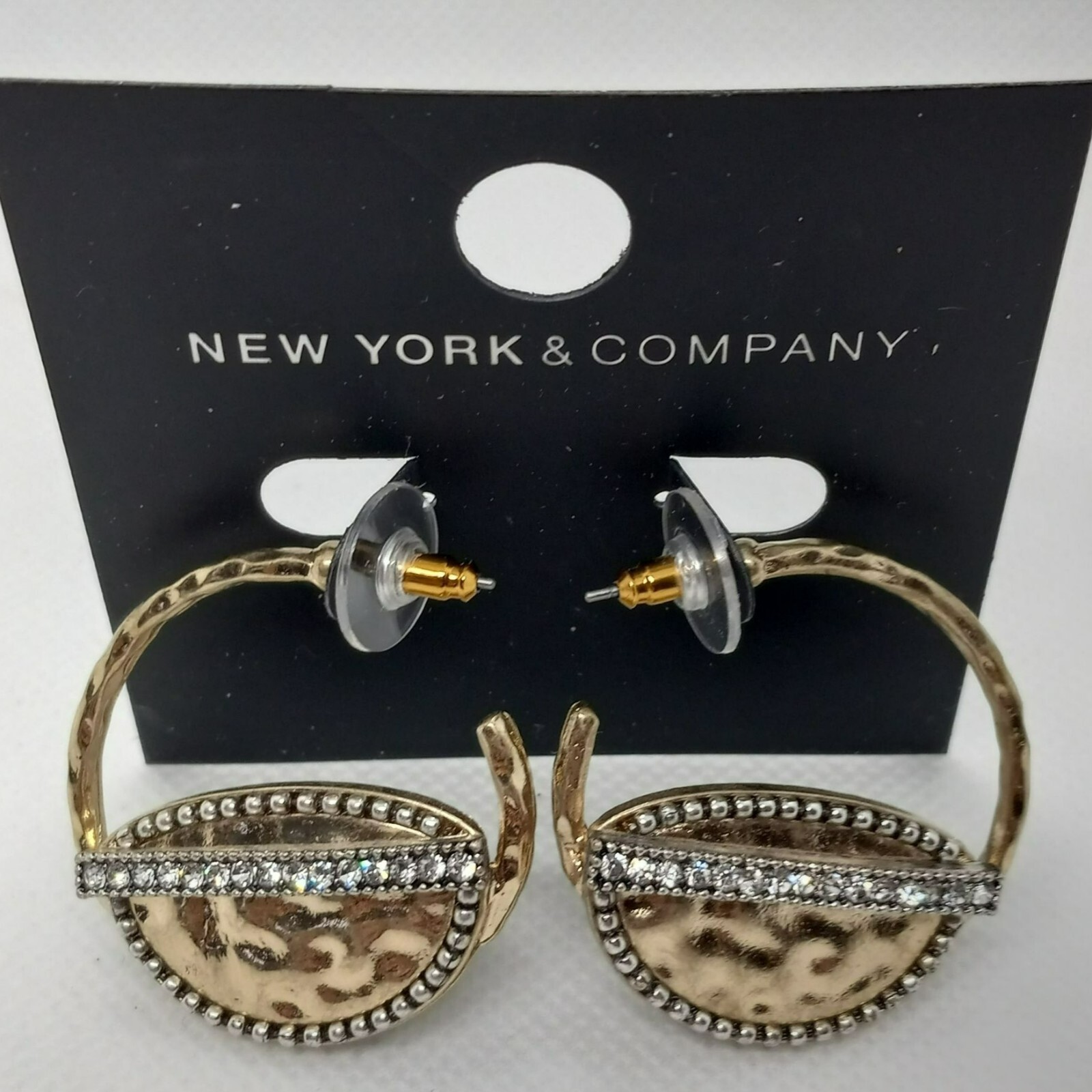 NEW New York and Company Gold Tone, Hammered Rhinestone Bar Accented Post Hoops