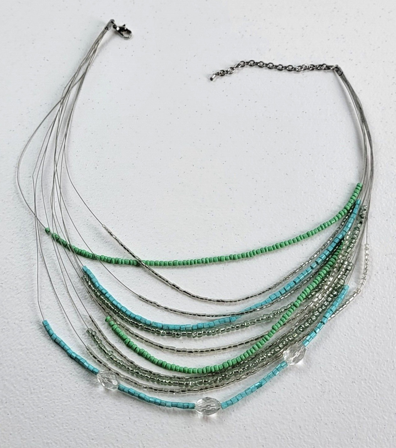 Silver-Tone Multi Layer Green Blue Beaded Layered Wire Necklace 21″
