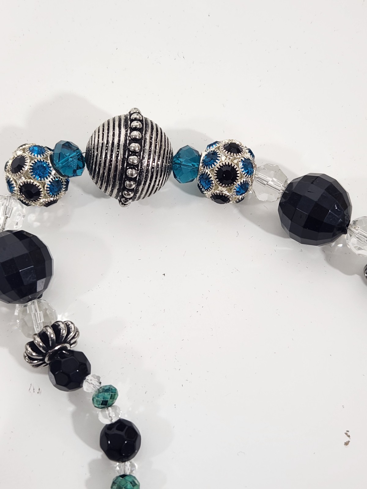 Black Silver Blue Glass Beaded Statement Necklace Rhinestone 24 in