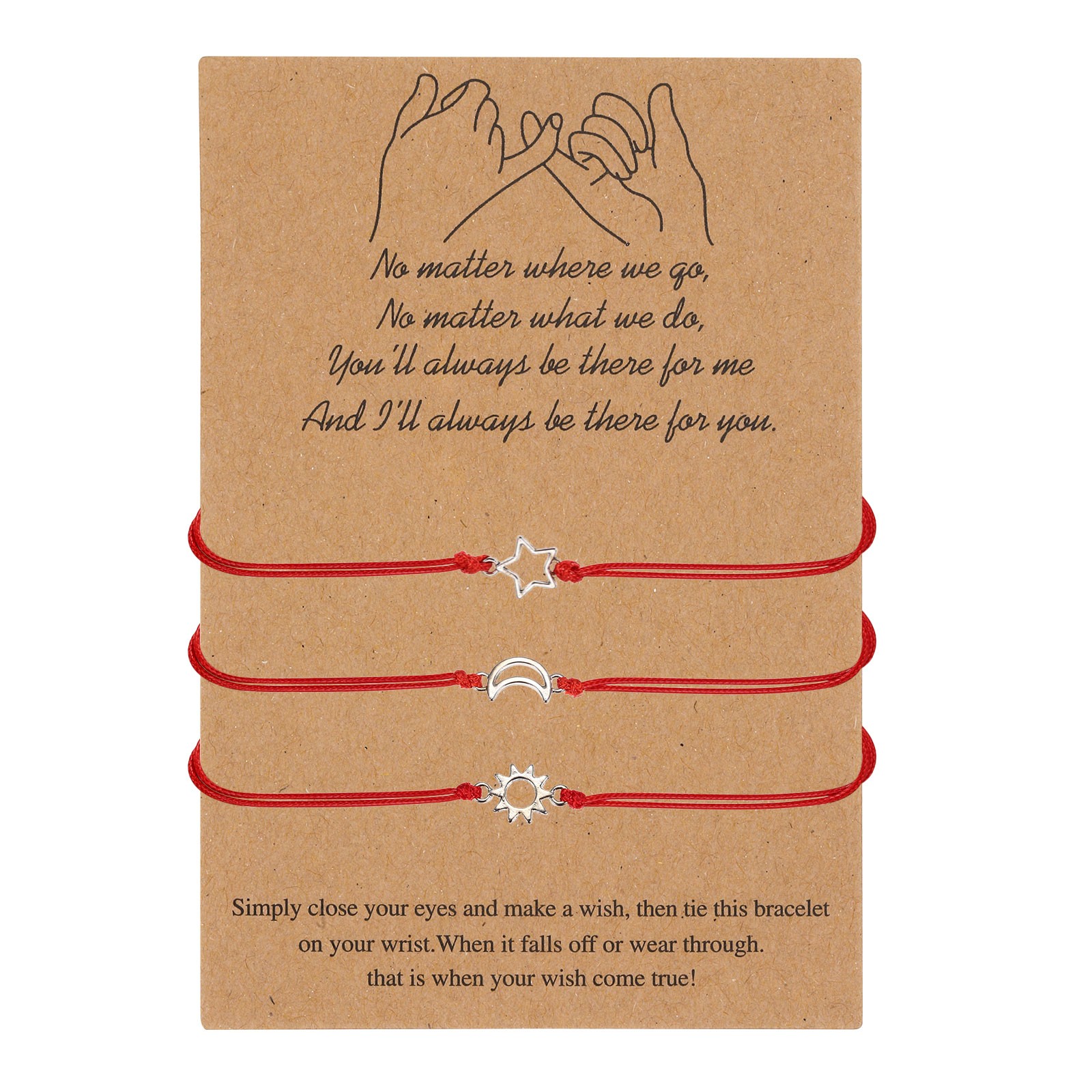 Friendship Bracelets Set, 3Pcs Sun/Moon/Stars Charm Bracelets, (Red)