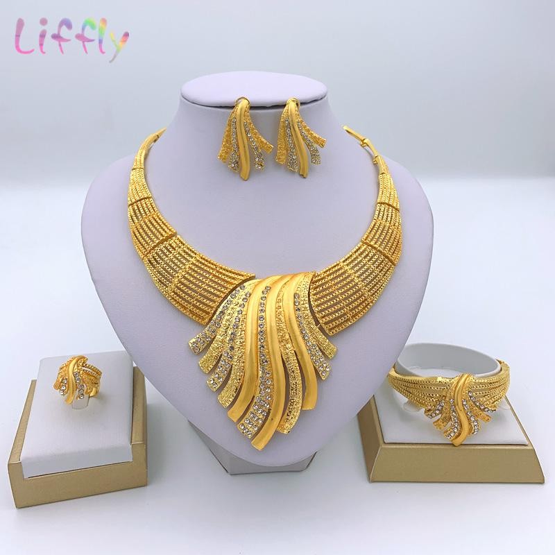 24k Gold Plated Choker Jewelry Set Necklace Earrings Bracelet for Women