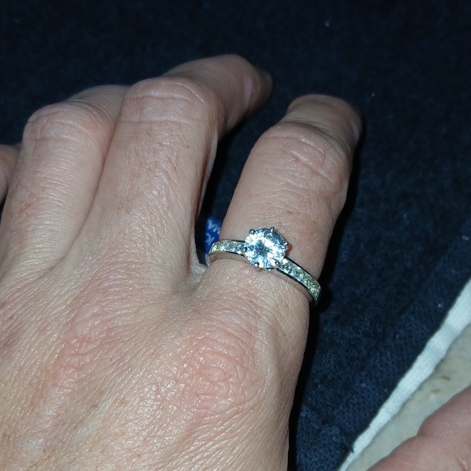 Sterling silver round white CZ solitaire with accents band ring. Size 8