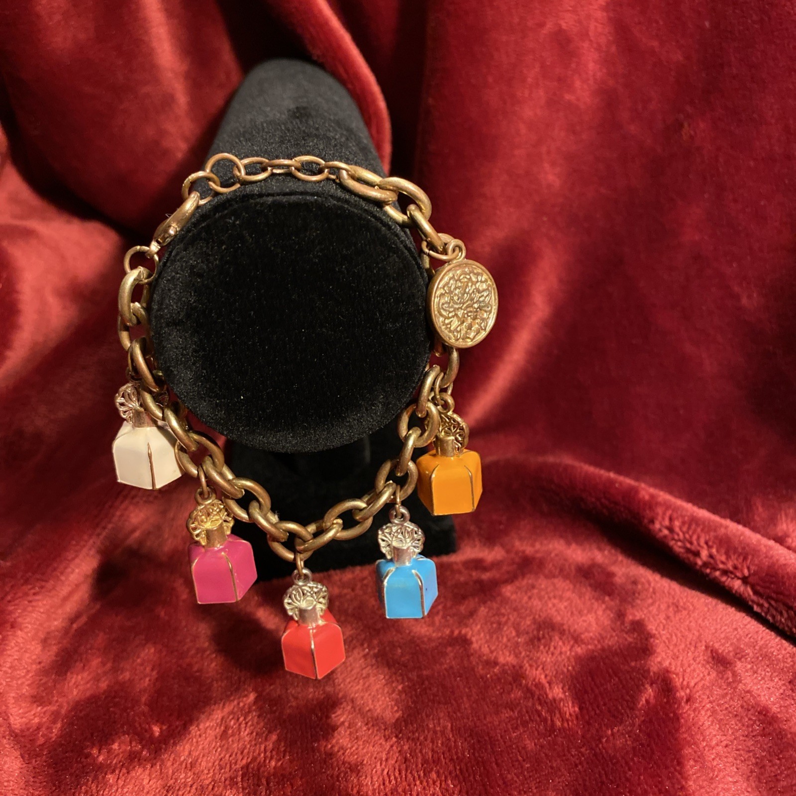 Gold Toned Perfume Bottle Charm Bracelet 8”