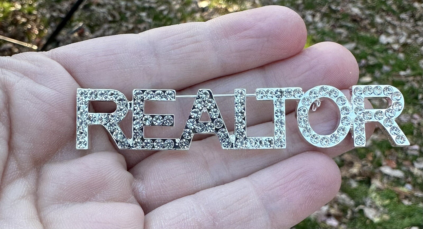 Print Font Clear realtor brooch rhinestone pin jewelry gift NEW 3”