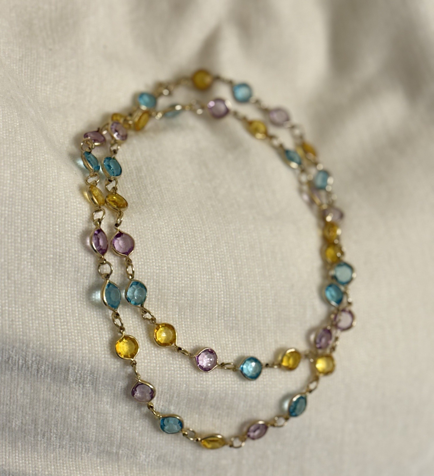 28″ Multi-Gemstone Station Necklace Gold Tone Bezel Set Blue Purple Yellow Boho