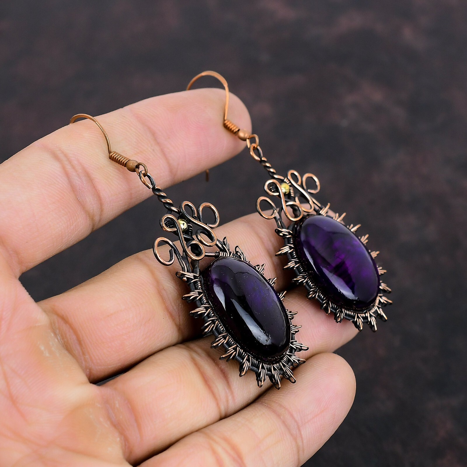 Purple Fire Labradorite Wire Wrapped Drop/Dangle Earrings Copper For Girls 2.91″