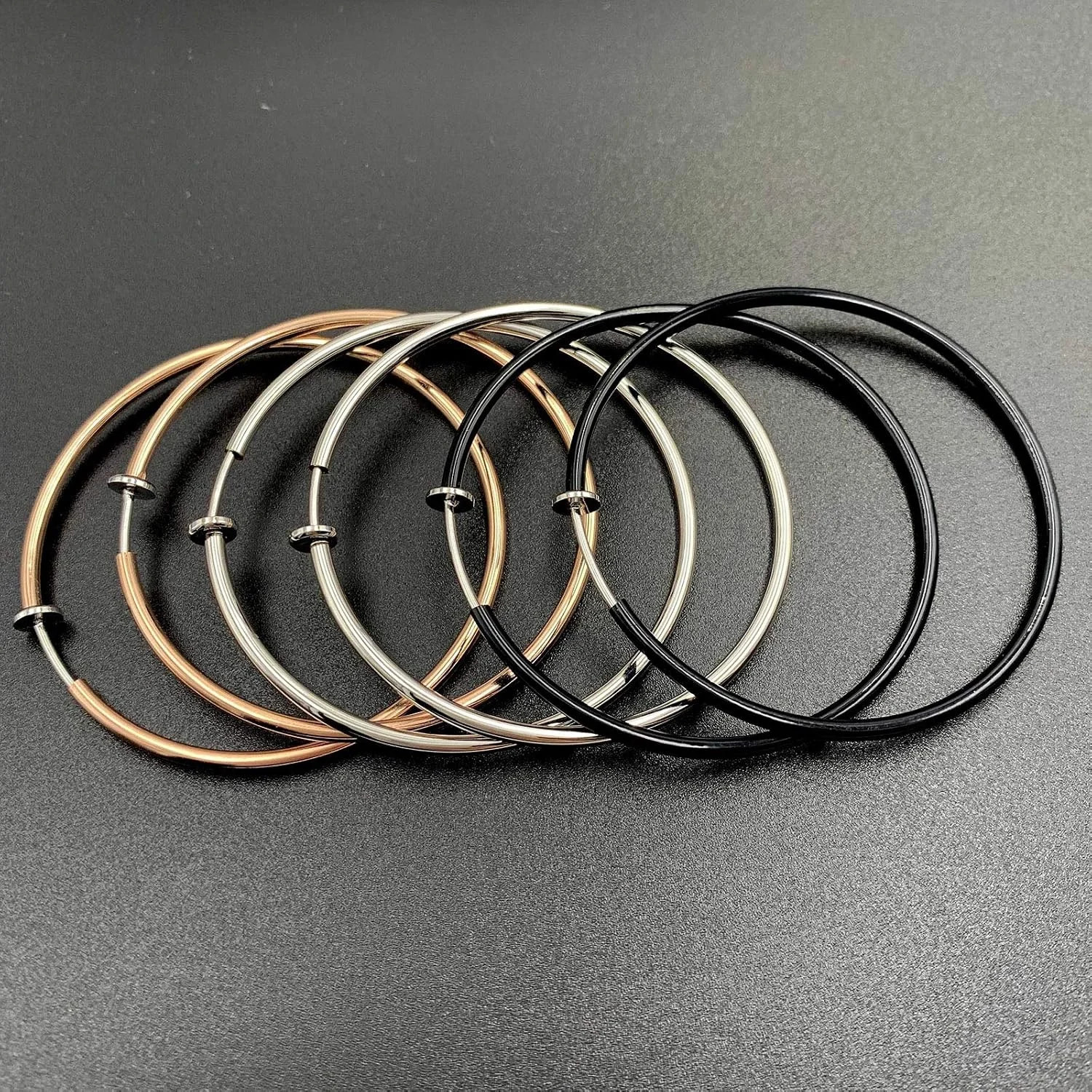 Clip On Hoop Spring Earrings Non Pierced Black Silver Rose Gold Tone (60mm)