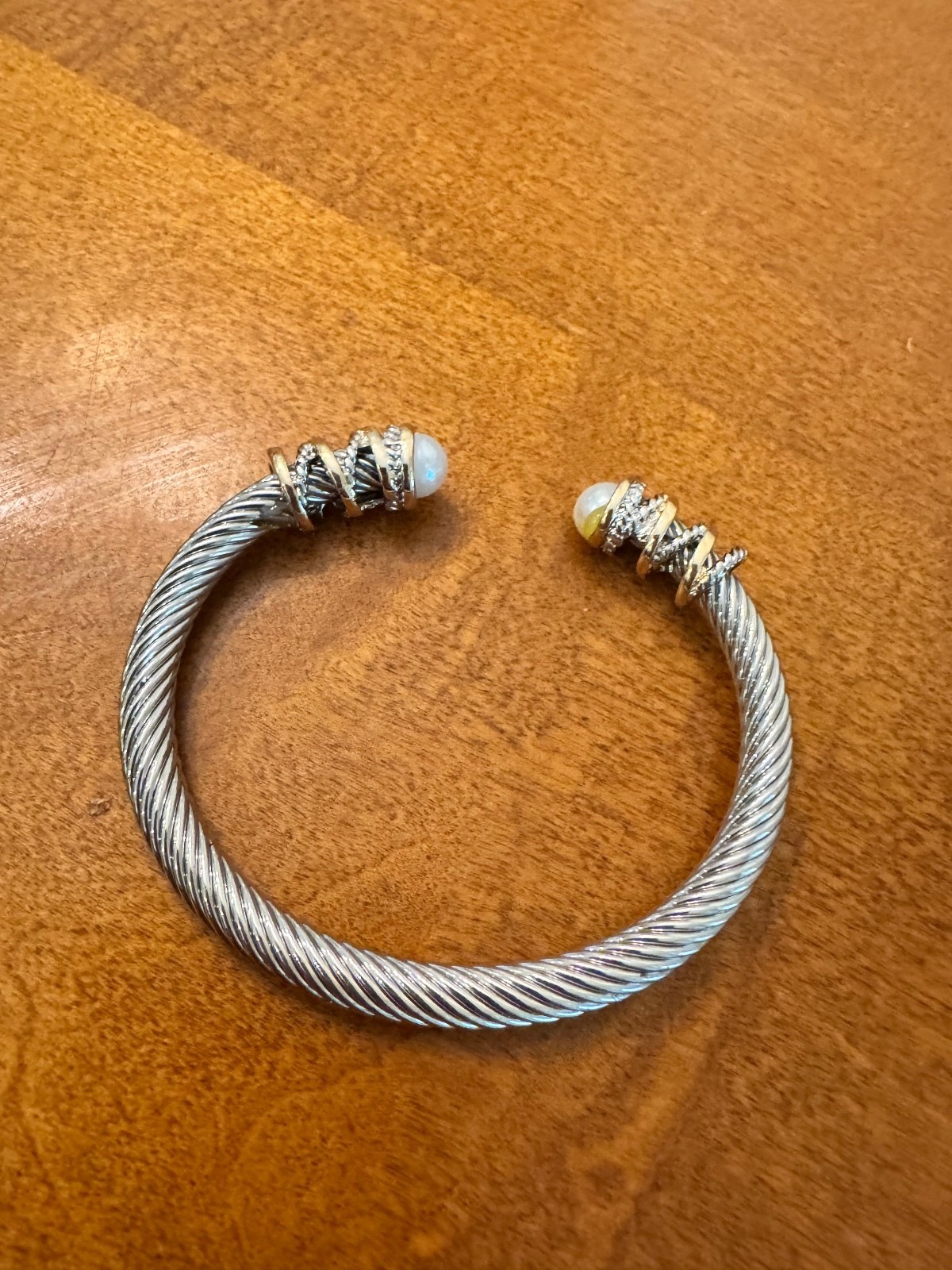 Silver-Tone Twisted Cable Open Cuff Bracelet with Pearl Ends 354