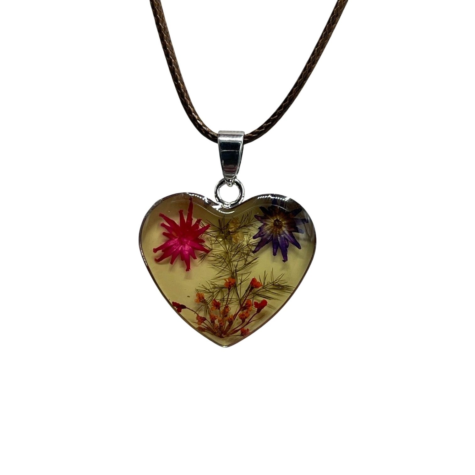 Heart-Shaped Pendant Necklace Pressed Flowers in Resin On 18″ Brown Cord