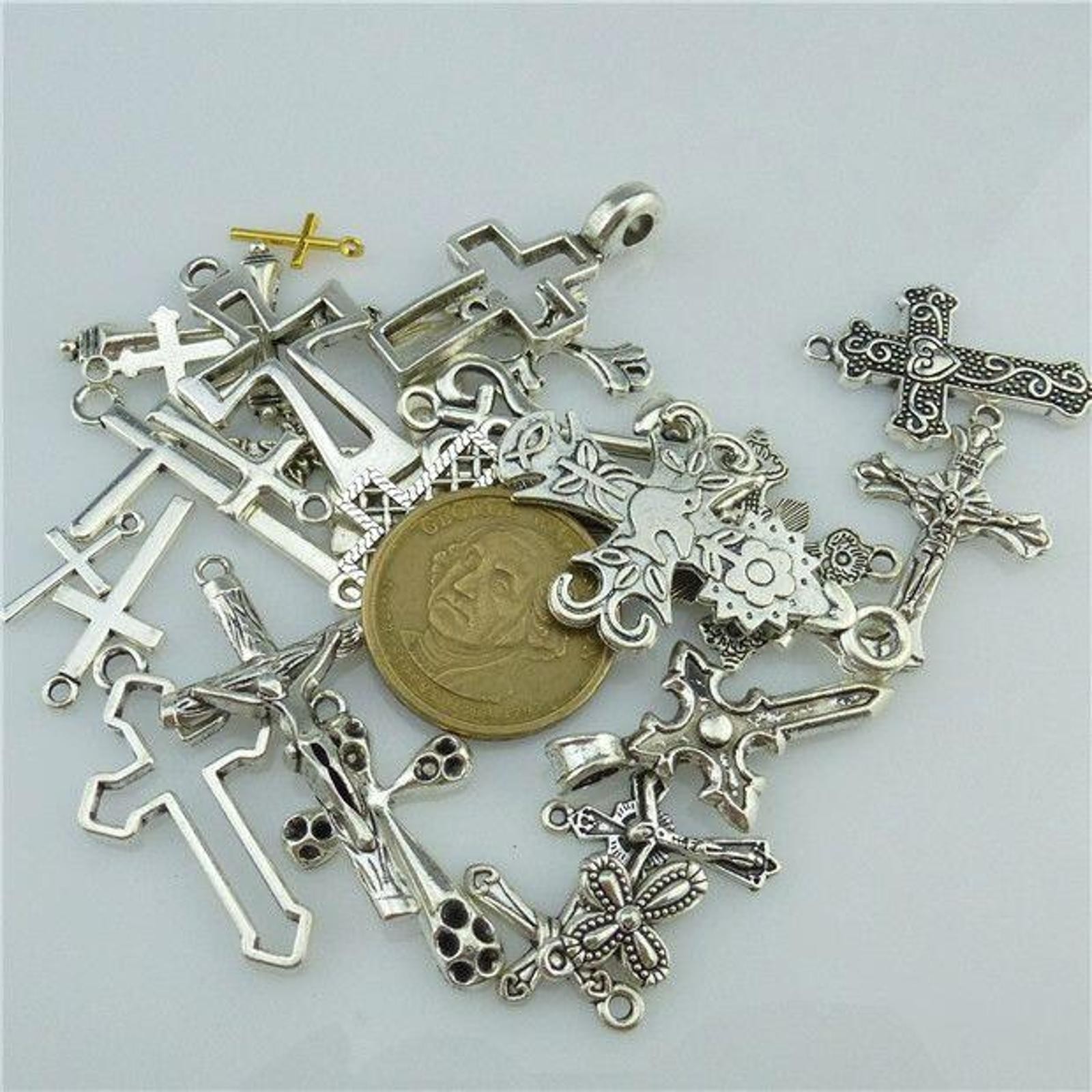 25* MIX Cross Pendant Vintage Antique Silver Tone Alloy Faith Religious Charm