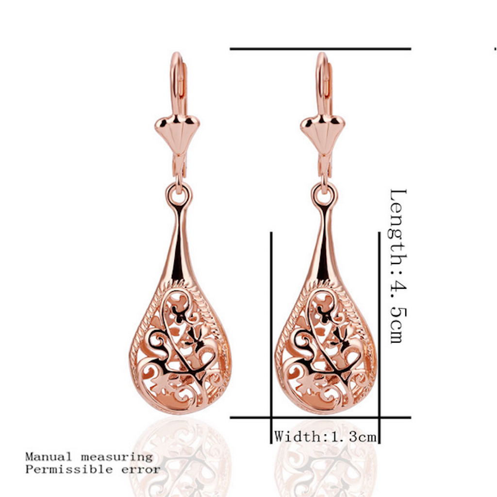 18K Rose Gold Filigree Teardrop Lever Back Drop Dangle Earrings L130